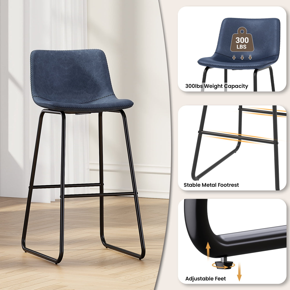LainTene 30" Bar Stools Set of 3 – Faux Leather Counter Height Stools with Backrest & Footrest, Heavy-Duty Metal Frame for Kitchen, Bar, Living Room, Blue