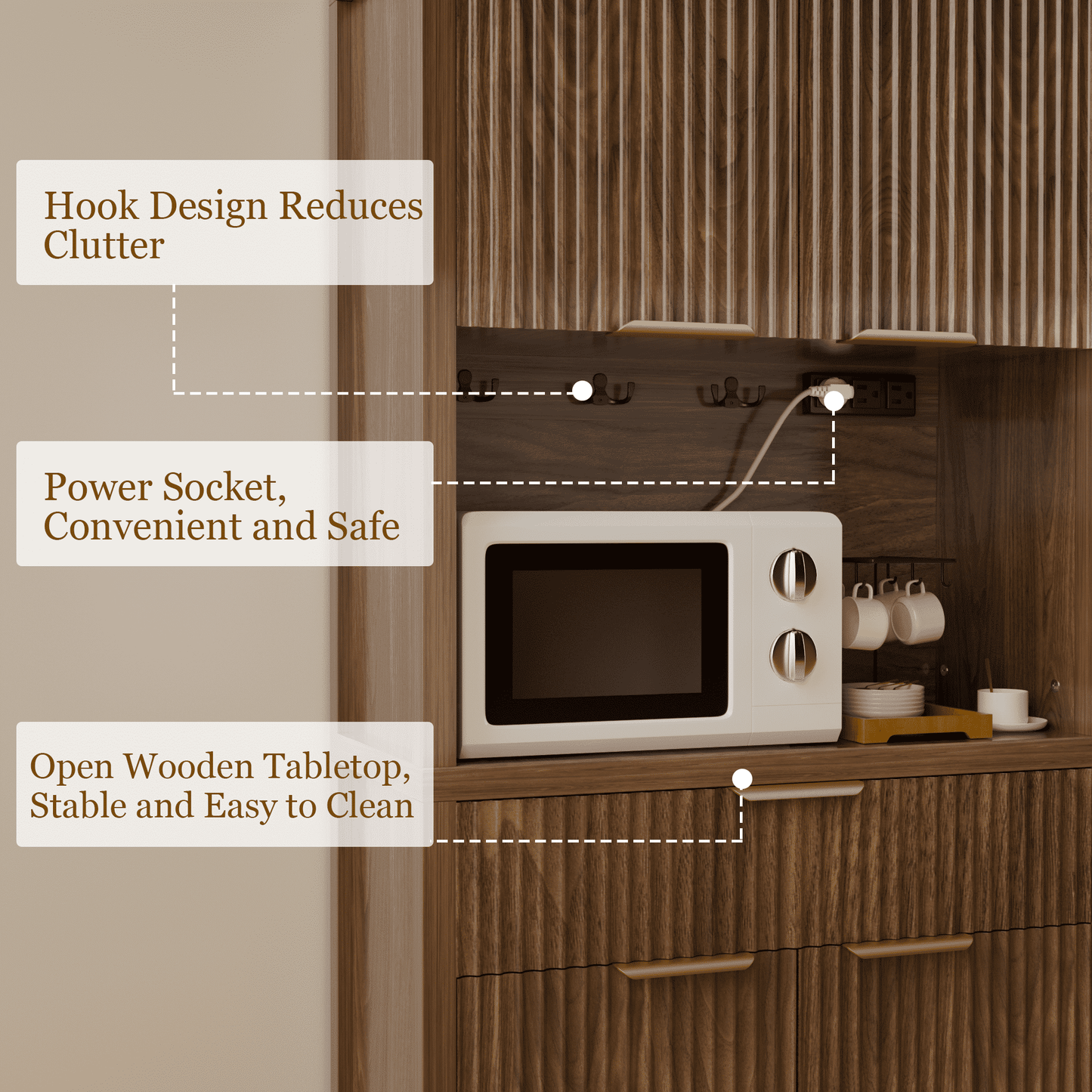 Laintene Pantry Storage Cabinet with Charging Station, Tall Kitchen Pantry with Microwave Shelves, Fluted Storage Cabinet with Open Countertop and Drawer for Dining Living Room, Walnut