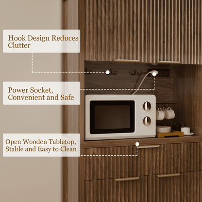 Laintene Pantry Storage Cabinet with Charging Station, Tall Kitchen Pantry with Microwave Shelves, Fluted Storage Cabinet with Open Countertop and Drawer for Dining Living Room, Walnut
