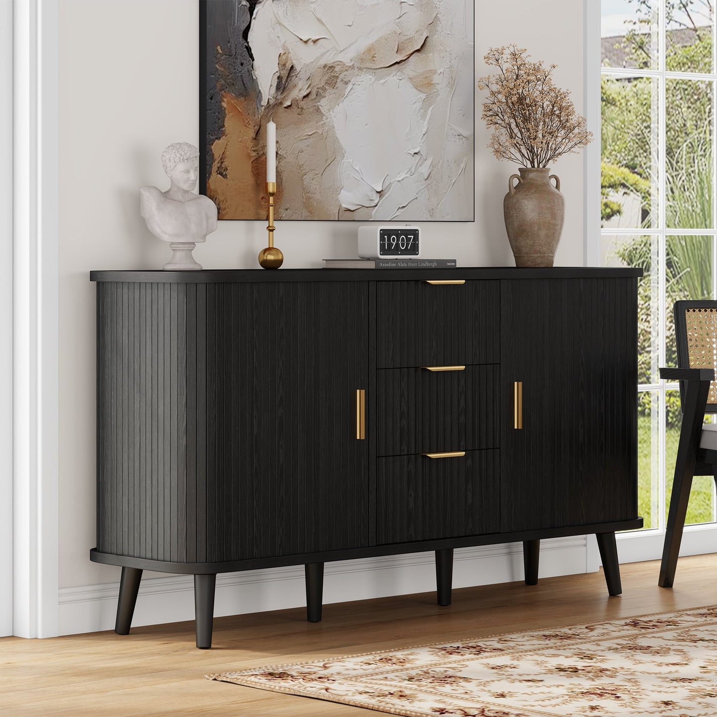 Laintene Sideboard with 3 Drawer, 55" Buffet Cabinet with 2 Sliding Tambour Doors, Modern Fluted Storage Cabinet for Kitchen, Living Room, Hallway, Black
