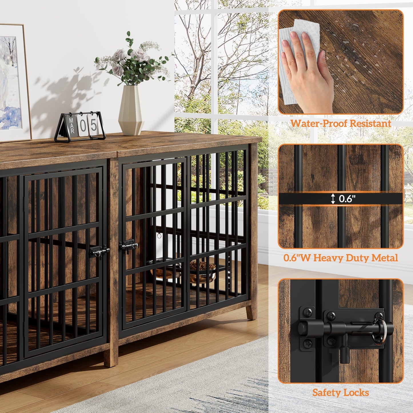 Laintene 78 Inch Dog Crate with Bowls, Heavy Duty Dog Crate Furniture for 2 Dogs, Indoor Wooden Dog Kennels for Large Dogs, Brown