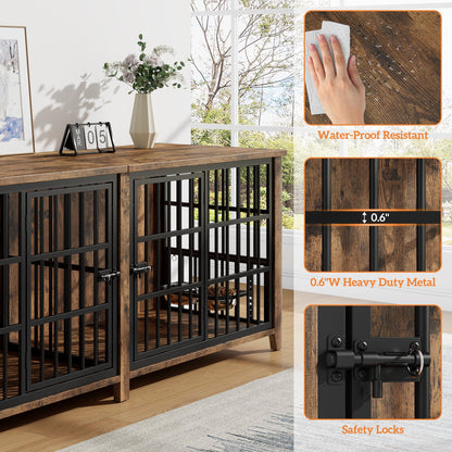 Laintene 78 Inch Dog Crate with Bowls, Heavy Duty Dog Crate Furniture for 2 Dogs, Indoor Wooden Dog Kennels for Large Dogs, Brown
