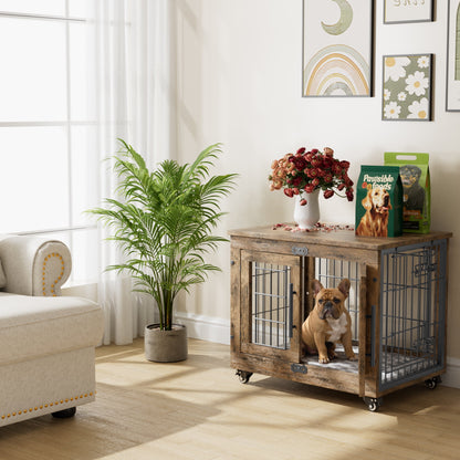 LainTene Wooden Dog Crate Furniture, Double Doors Dog Kennels for Inside with Pads and Wheels, Heavy Duty Dog Cage for Small Dogs, Brown