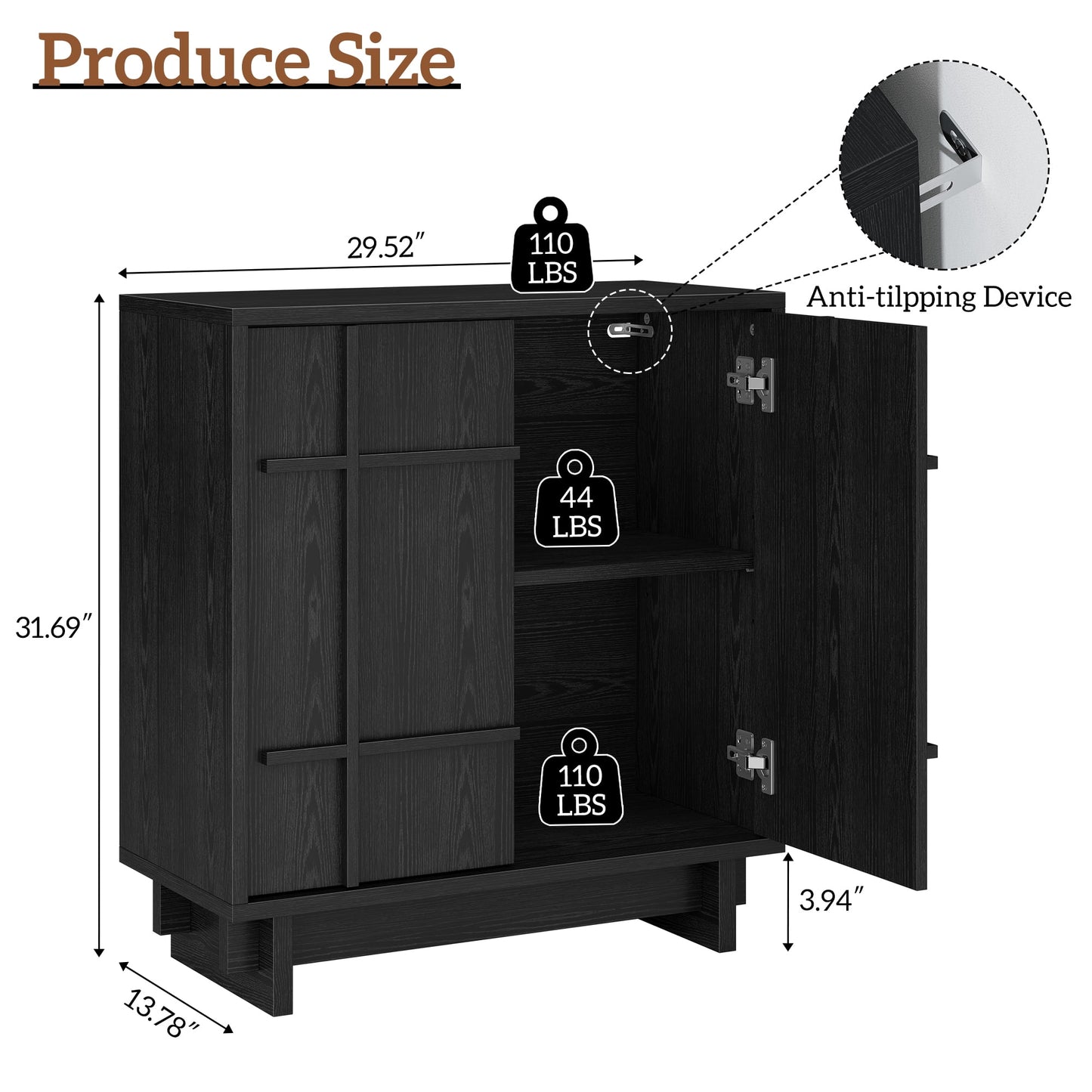Laintene Buffet Cabinet with Skeletal Lines Doors, Sideboard Storage Cabinet with Adjustable Shelves for Kitchen, Wood Accent Cabinet TV Stands for Living Room, Black Set of 3