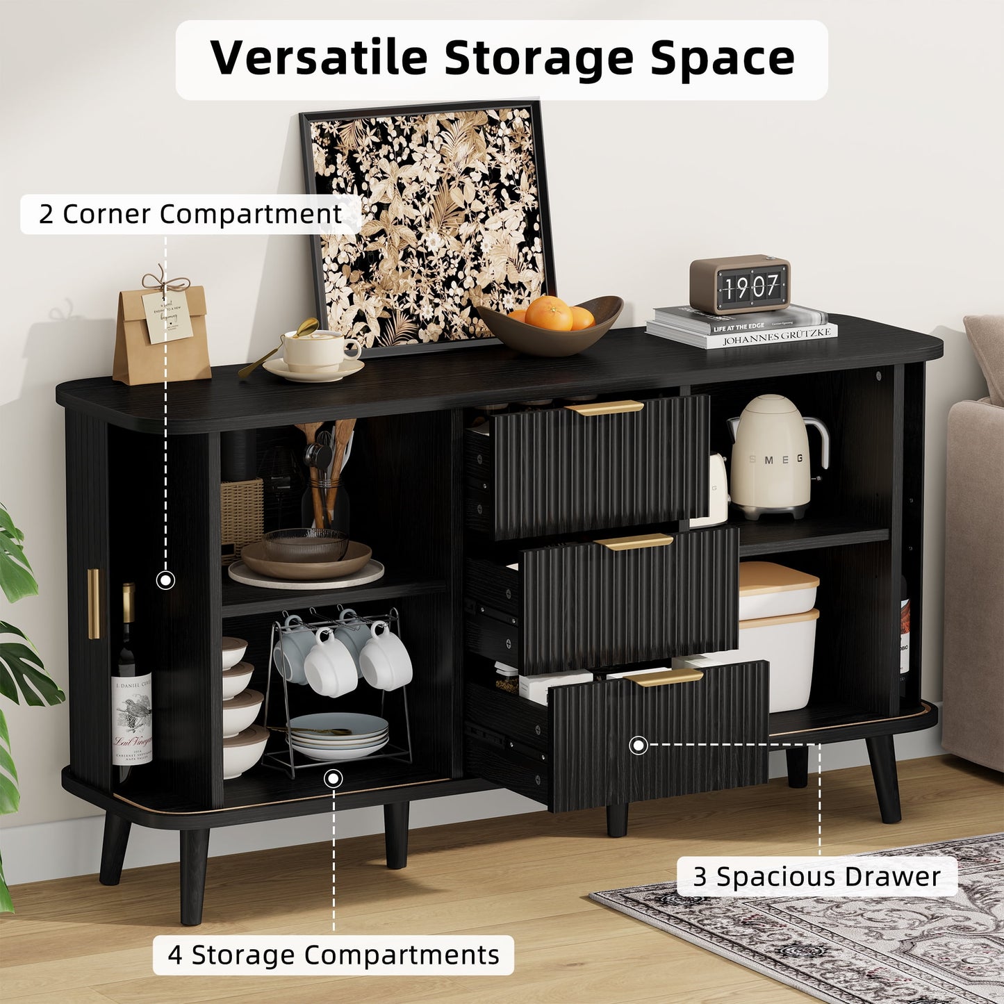 Laintene Sideboard with 3 Drawer, 55" Buffet Cabinet with 2 Sliding Tambour Doors, Modern Fluted Storage Cabinet for Kitchen, Living Room, Hallway, Black