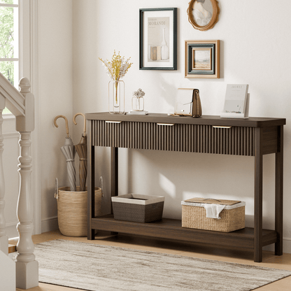 Laintene Fluted Console Table, 51" Narrow Entryway Table with 3 Drawers, Console Table Sofa Table with Storage Open Shelf, Modern Display Shelf for Hallway Living Room, Walnut