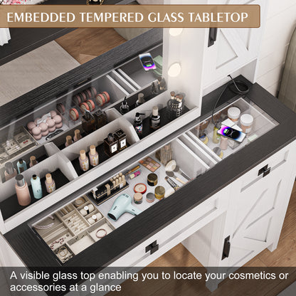 LainTene Farmhouse Vanity Desk with LED Mirror & Charging Station – Makeup Vanity Set with Glass Top, 2 Drawers & Storage Shelves, Rustic White Dressing Table