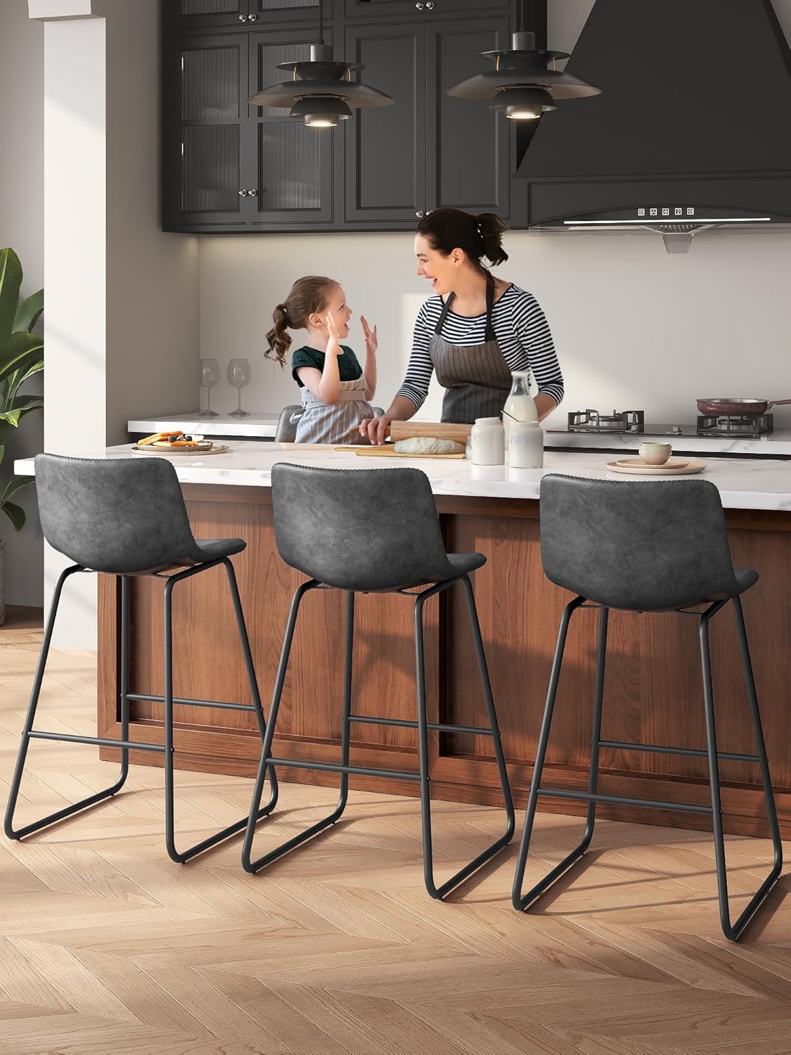 LainTene 26" Bar Stools Set of 3 – Faux Leather Counter Height Stools with Backrest & Footrest, Heavy-Duty Metal Frame for Kitchen, Bar, Living Room, Gray