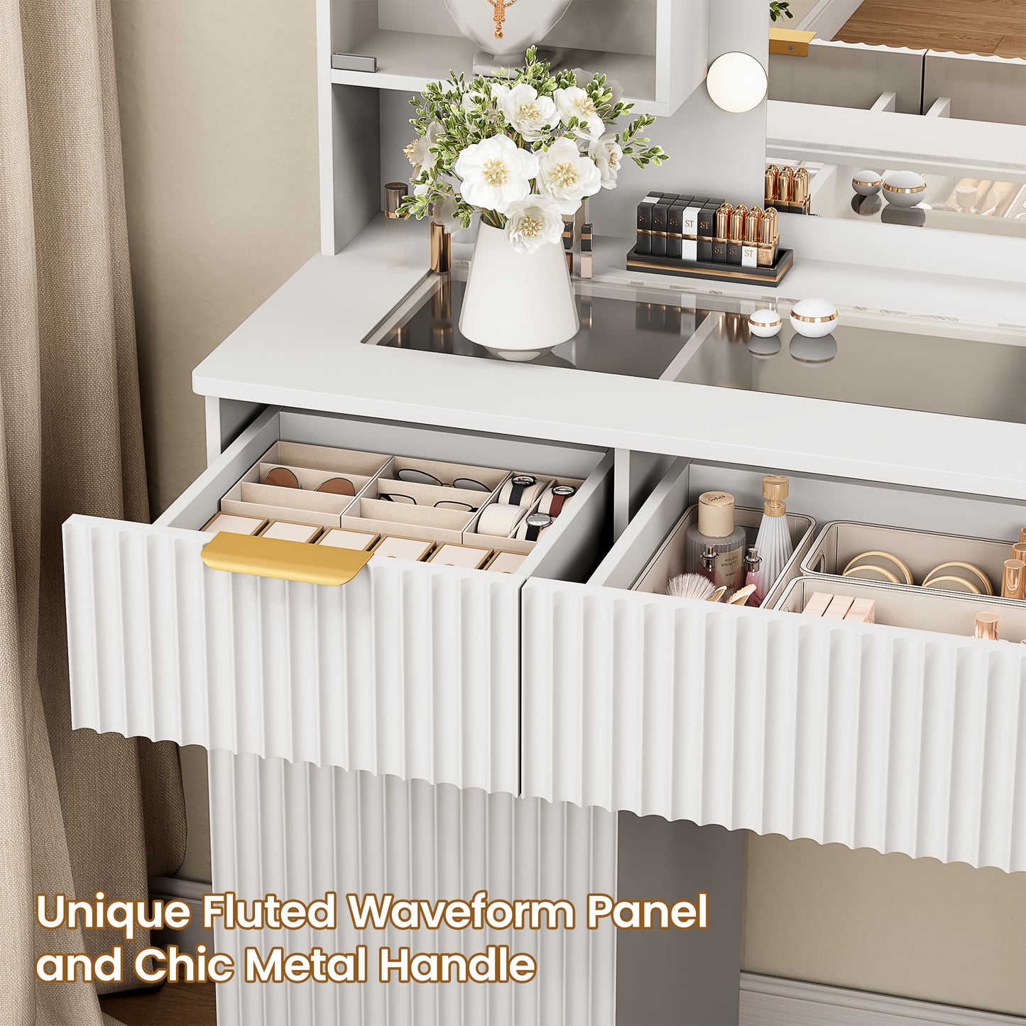 LainTene Makeup Vanity Table with Lights and Mirror, Vanity Desk with 3 Drawers & 2 Large Storage Cabinets and Charging Station for Bedroom