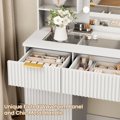 LainTene Makeup Vanity Table with Lights and Mirror, Vanity Desk with 3 Drawers & 2 Large Storage Cabinets and Charging Station for Bedroom