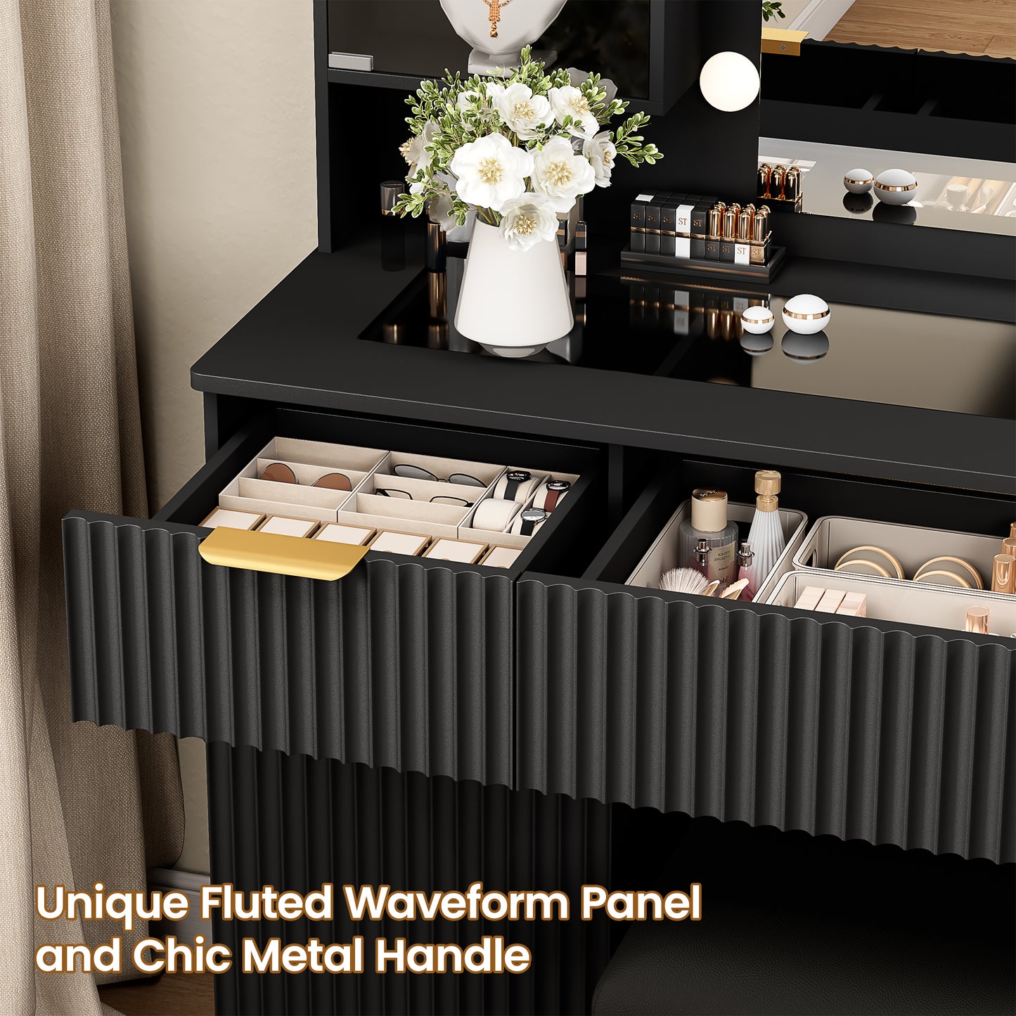 LainTene Vanity Set with Stool, Makeup Vanity Table with Lights and Mirror, Vanity Desk with 3 Drawers & 2 Large Storage Cabinets and Charging Station for Bedroom