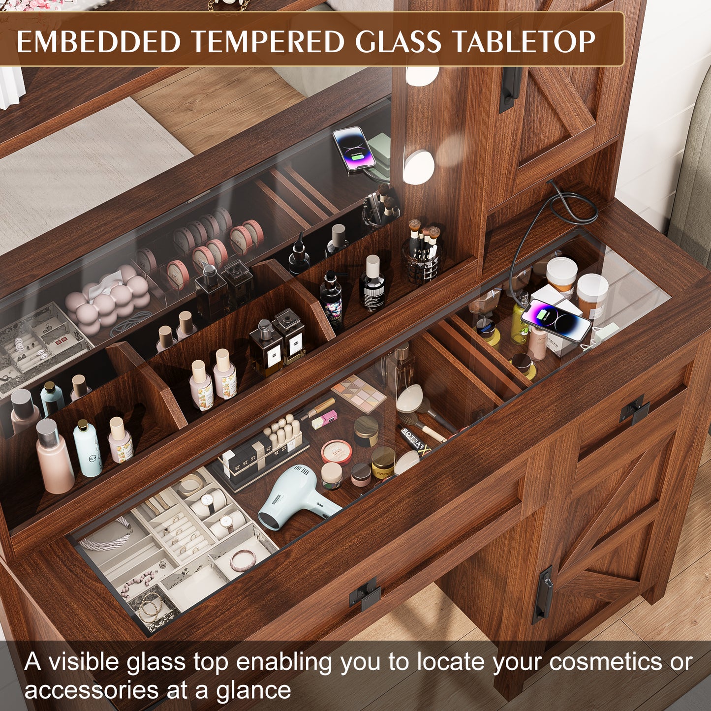 LainTene Farmhouse Makeup Vanity Desk with Mirror and Lights, Modern Glass Tabletop Vanity Table with Storage Shelves & Drawers for Bedroom, Brown
