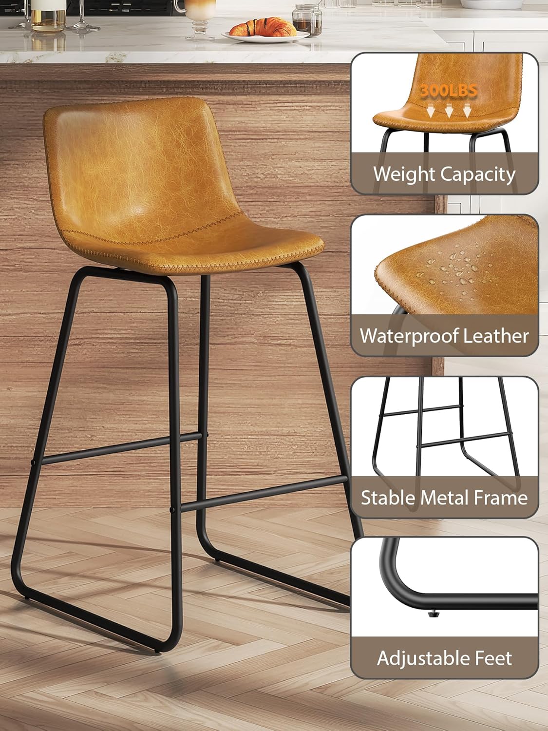LainTene 26" Bar Stools Set of 2 – Faux Leather Counter Height Stools with Backrest & Footrest, Heavy-Duty Metal Frame for Kitchen, Bar, Living Room, Brown