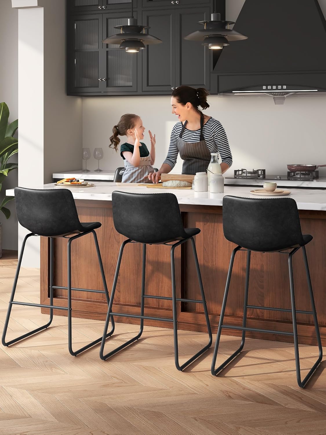 LainTene 26" Bar Stools Set of 3 – Faux Leather Counter Height Stools with Backrest & Footrest, Heavy-Duty Metal Frame for Kitchen, Bar, Living Room, Black
