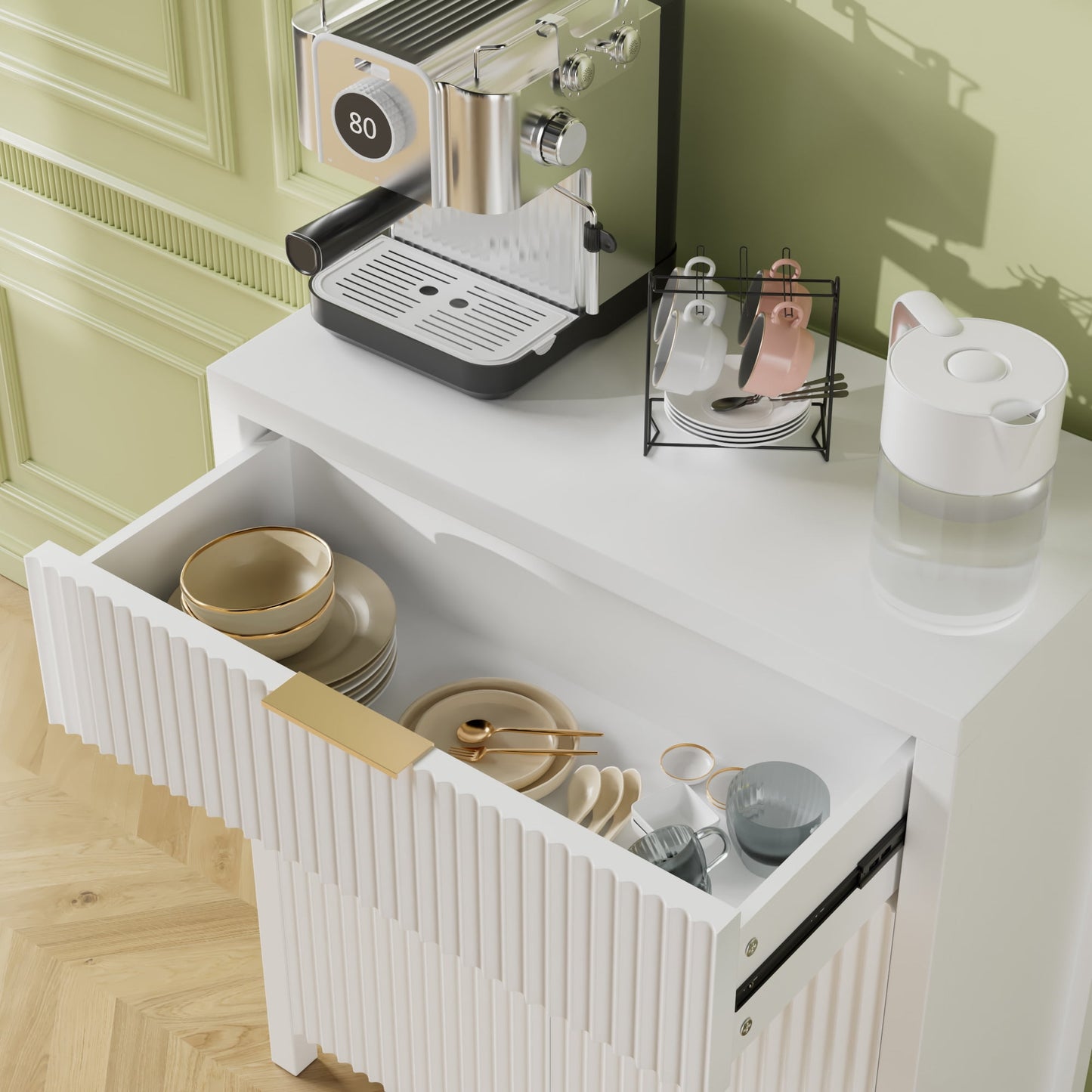 Laintene Sideboard Buffet Cabinet with Storage Drawer, Fluted Storage Cabinet with Adjustable Shelf for Dining Living Room, Entryway, White