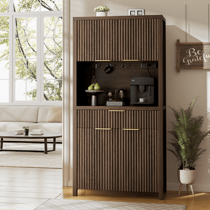 Laintene Pantry Storage Cabinet with Charging Station, Tall Kitchen Pantry with Microwave Shelves, Fluted Storage Cabinet with Open Countertop and Drawer for Dining Living Room, Walnut