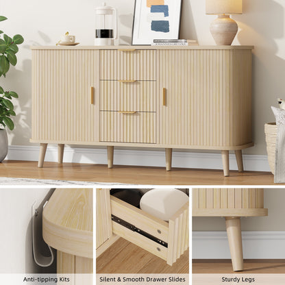 Laintene Sideboard with 3 Drawer, 55" Buffet Cabinet with 2 Sliding Tambour Doors, Modern Fluted Storage Cabinet for Kitchen, Living Room, Hallway, Natural Oak