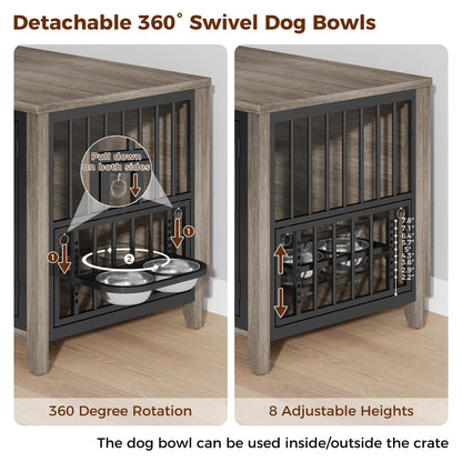 Laintene Dog Crate with Bowls, Heavy Duty Wooden Dog Crate Furniture, 31" Indoor Dog Kennels for Small/Medium Dogs, Gray