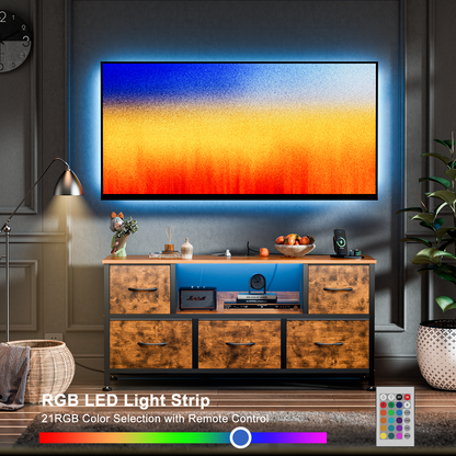 TV Stand Dresser with Power Outlets and LED Lights, 5 Drawer Console for 50 Inch TV, Dresser for Bedroom, Closet, Hallway