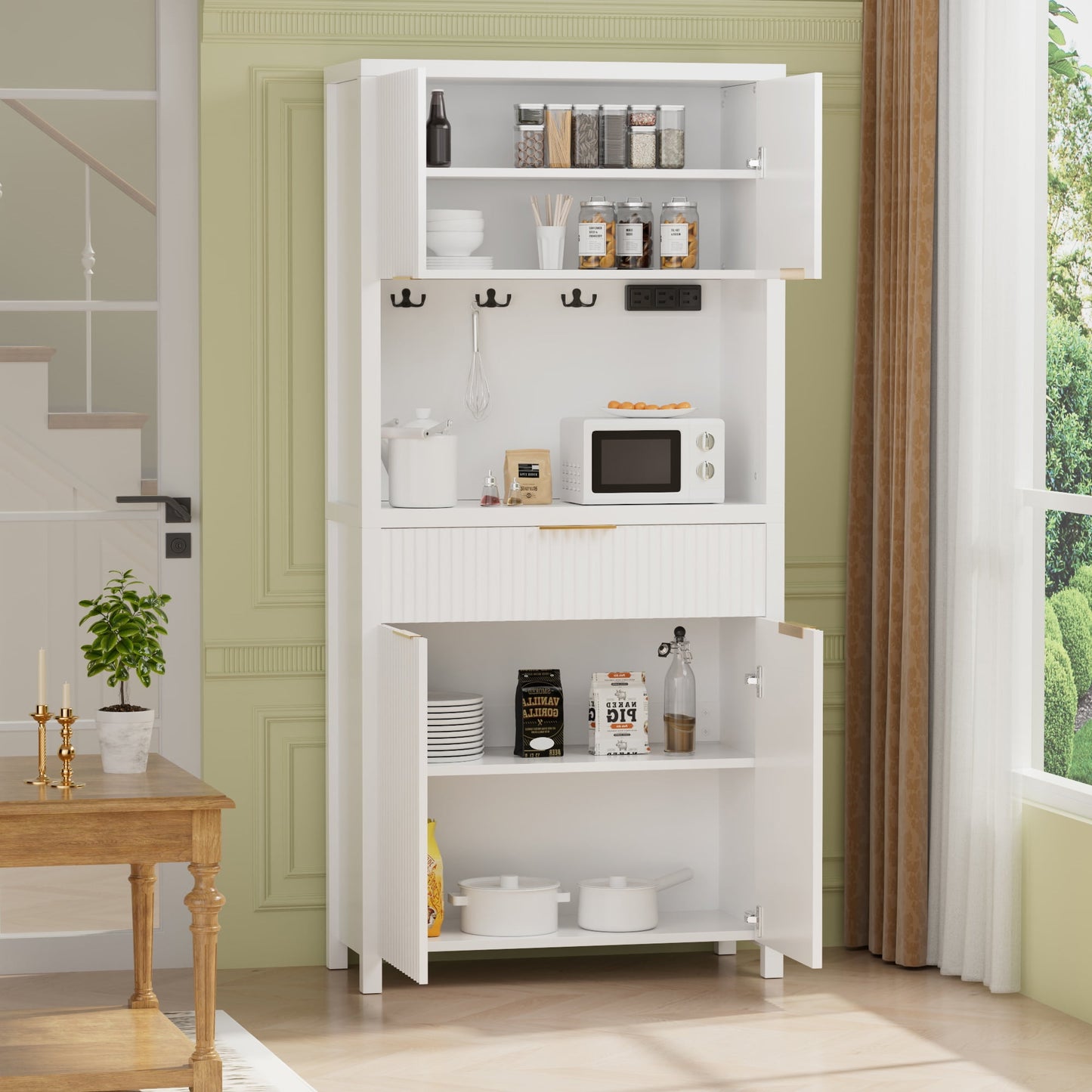 Laintene Pantry Storage Cabinet with Charging Station, Tall Kitchen Pantry with Microwave Shelves, Fluted Storage Cabinet with Open Countertop and Drawer for Dining Living Room, White