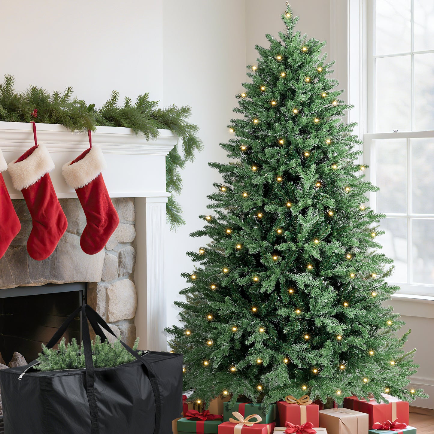 Laintene 6FT Pre-Lit Premium PE+PVC Christmas Tree | 400 Warm White LED Lights, 2085 Realistic Tips, Hinged Design with Storage Bag & Metal Stand