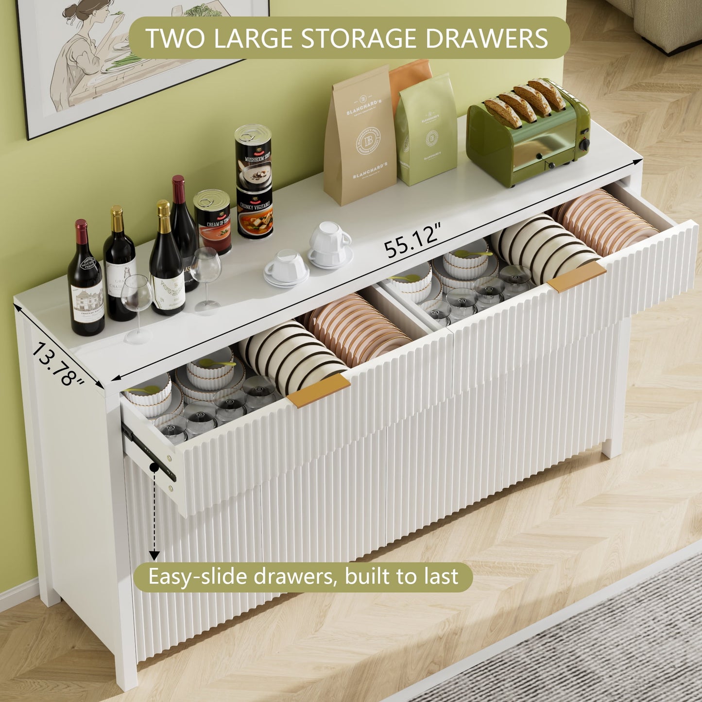 Laintene Fluted Sideboard, Storage Buffet Cabinet with Drawers, 55" TV Cabinet for Living Room with Adjustable Shelves, Wooden Accent Cabinet, White Set of 2