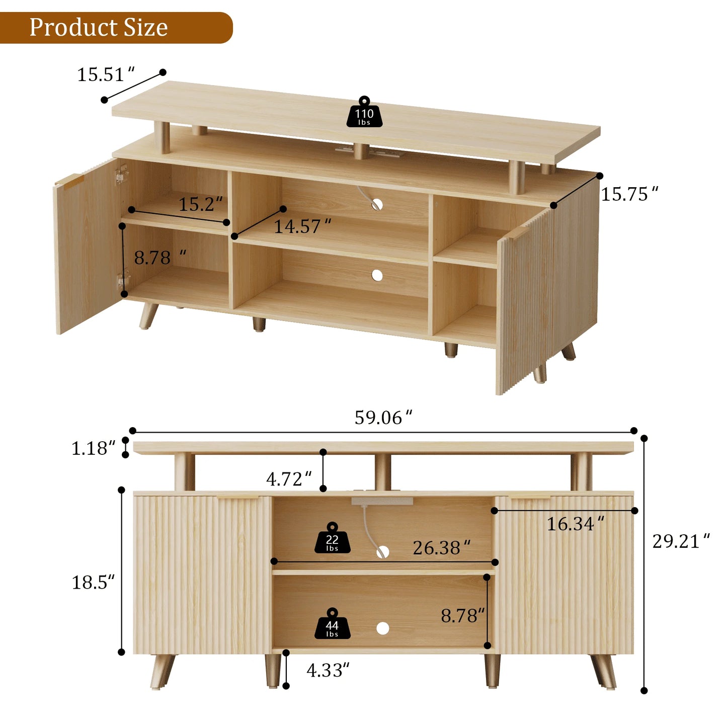 LainTene 65" Fluted LED TV Stand with Power Outlets - Modern Entertainment Center with Adjustable Shelves, Storage Cabinets & Ambient Lighting for Living Room, Natural Finish