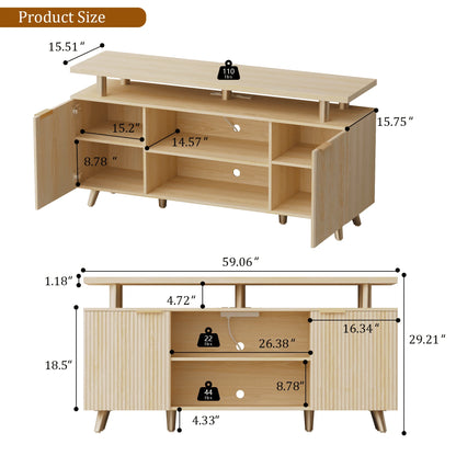 LainTene 65" Fluted LED TV Stand with Power Outlets - Modern Entertainment Center with Adjustable Shelves, Storage Cabinets & Ambient Lighting for Living Room, Natural Finish