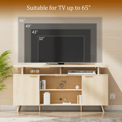 LainTene 65" Fluted LED TV Stand with Power Outlets - Modern Entertainment Center with Adjustable Shelves, Storage Cabinets & Ambient Lighting for Living Room, Natural Finish