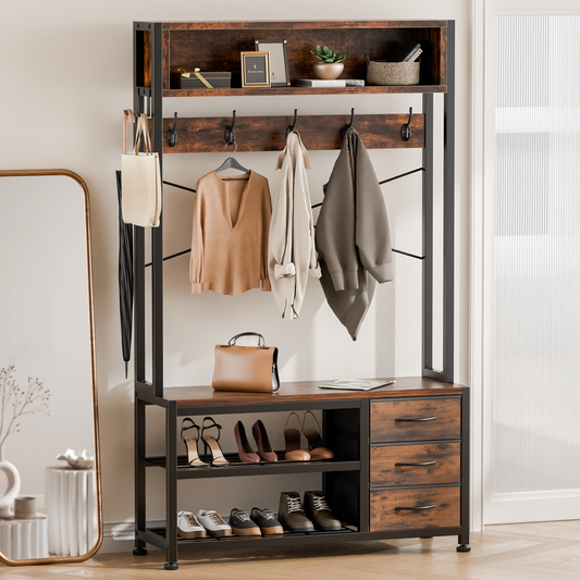 Industrial Hall Tree with Bench – 5-in-1 Entryway Organizer with 7 Hooks, 3 Drawers & Shoe Storage, Heavy-Duty Coat Rack for Hallway, Living Room, Rustic Brown