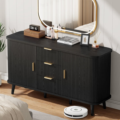 Laintene Sideboard with 3 Drawer, 55" Buffet Cabinet with 2 Sliding Tambour Doors, Modern Fluted Storage Cabinet for Kitchen, Living Room, Hallway, Black