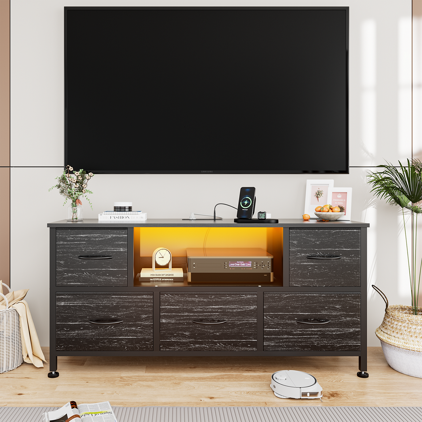 TV Stand Dresser with Power Outlets and LED Lights, 5 Drawer Console for 50 Inch TV, Dresser for Bedroom, Closet, Hallway
