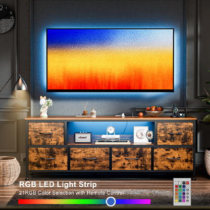 TV Stand Dresser with Power Outlets and LED Lights, 6 Drawer Console for 60 Inch TV, Dresser for Bedroom, Closet, Hallway