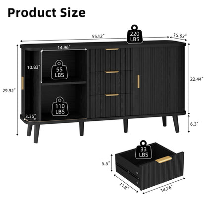 Laintene Sideboard with 3 Drawer, 55" Buffet Cabinet with 2 Sliding Tambour Doors, Modern Fluted Storage Cabinet for Kitchen, Living Room, Hallway, Black