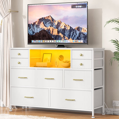 Laintene Bedroom Dresser with LED Lights, 9-Drawer Fabric Chest of Drawers, White Dresser TV Stand with Power Outlet and Side Pocket, Wide Storage Unit for up to 50" TV