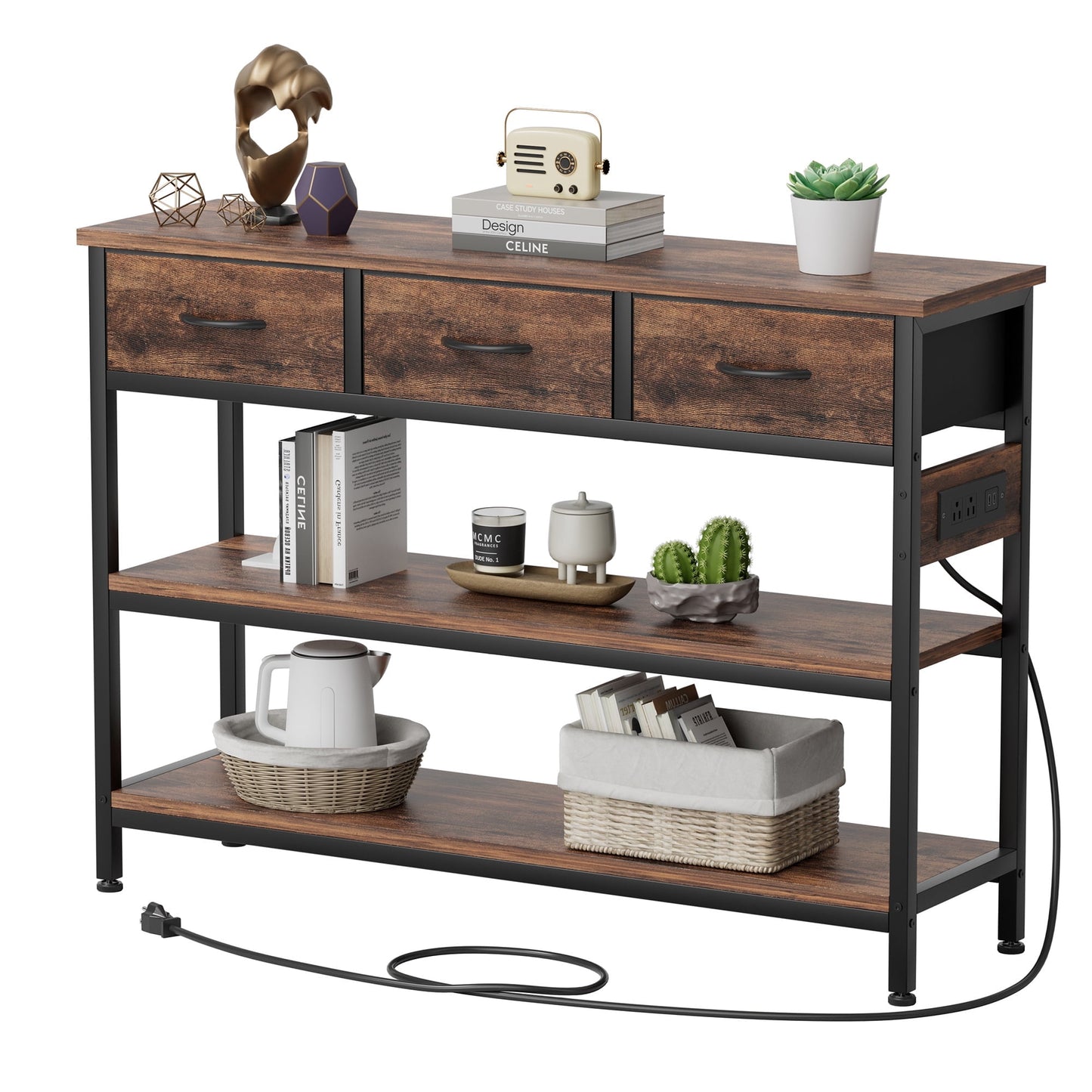 Valu4me 43.3" Console Table with Power Outlets & USB Ports, Narrow Sofa Table with 3 Fabric Drawers for Hallway, Foyer, Living Room, Rustic Brown