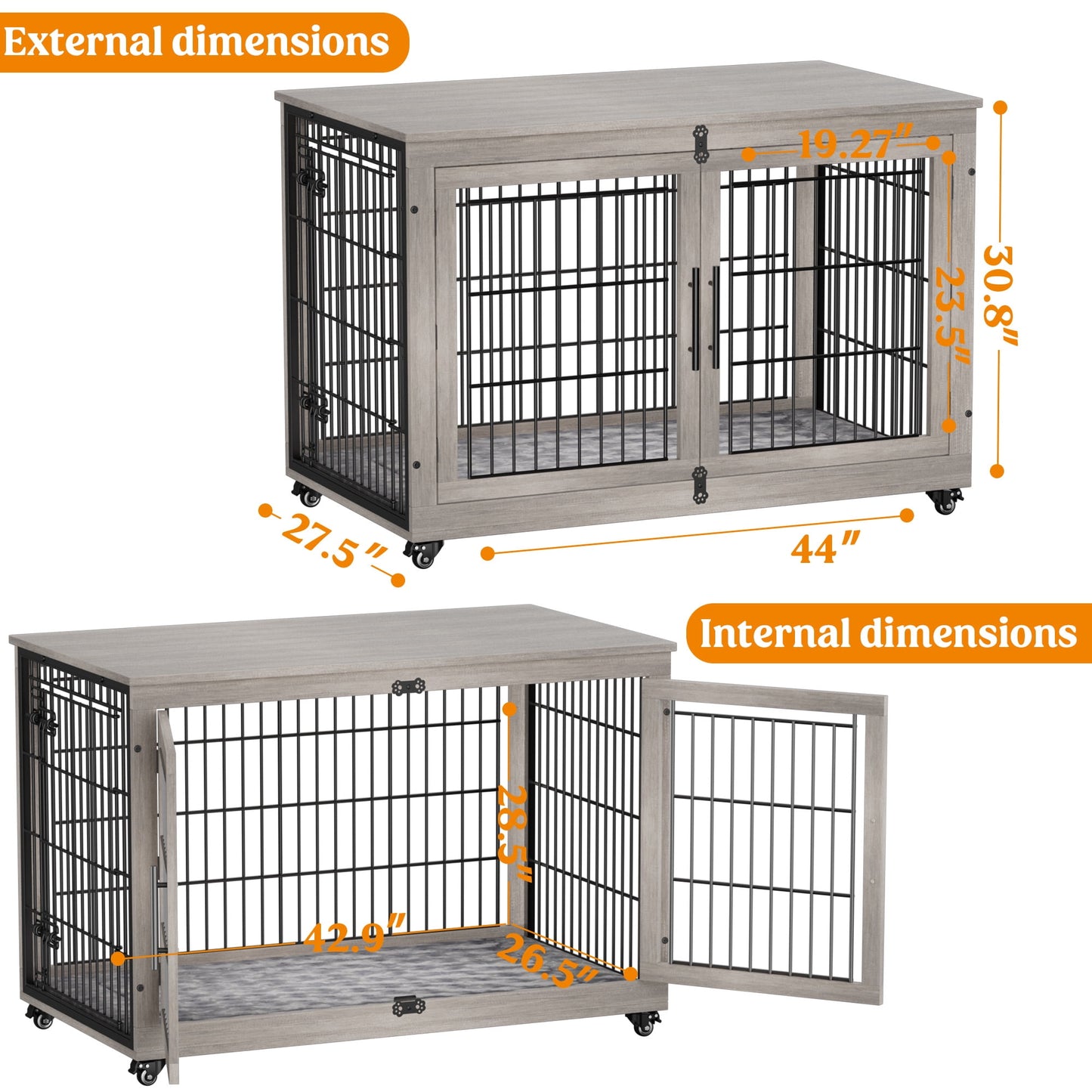 Laintene Dog Crate Furniture, Indoor Dog Kennels with Wheels and Pads, Pet House for XL Dogs, Gray