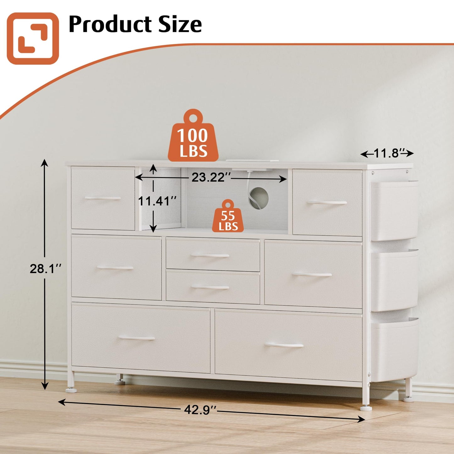 Laintene 8 Drawer Dresser, White Dresser with Power Outlets LED Lights, Fabric Dressers for Bedroom TV Stand with Side Pocket, Chest of Drawers for up to 50" TV