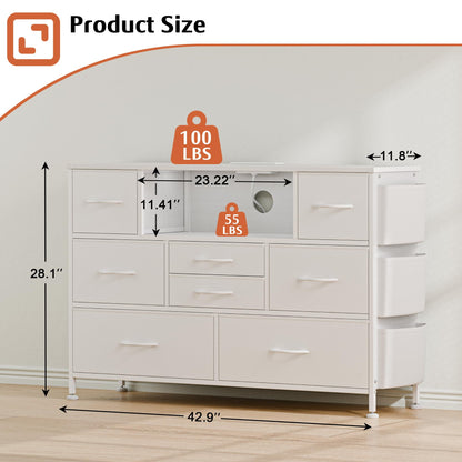 Laintene 8 Drawer Dresser, White Dresser with Power Outlets LED Lights, Fabric Dressers for Bedroom TV Stand with Side Pocket, Chest of Drawers for up to 50" TV