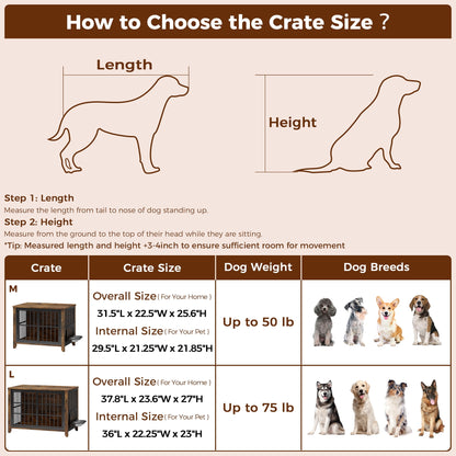 Laintene Dog Crate with Bowls, Heavy Duty Wooden Dog Crate Furniture, 31" Indoor Dog Kennels for Small/Medium Dogs, Brown
