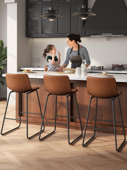 LainTene 26" Bar Stools Set of 3 – Faux Leather Counter Height Stools with Backrest & Footrest, Heavy-Duty Metal Frame for Kitchen, Bar, Living Room, Dark Brown