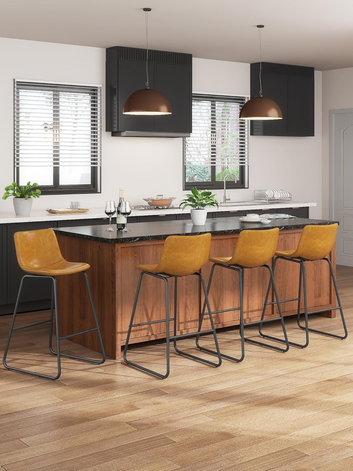 LainTene 26" Bar Stools Set of 2 – Faux Leather Counter Height Stools with Backrest & Footrest, Heavy-Duty Metal Frame for Kitchen, Bar, Living Room, Brown