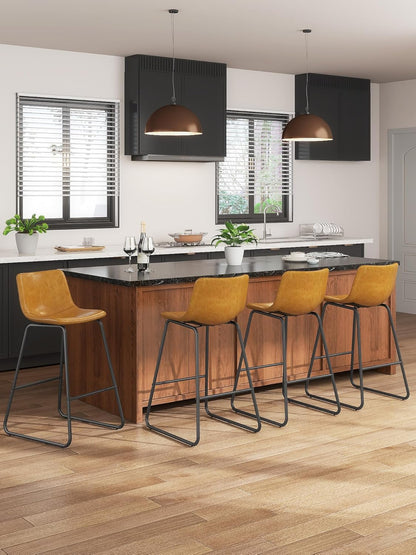 LainTene 26" Bar Stools Set of 2 – Faux Leather Counter Height Stools with Backrest & Footrest, Heavy-Duty Metal Frame for Kitchen, Bar, Living Room, Brown