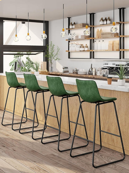 LainTene 30" Bar Stools Set of 3 – Faux Leather Counter Height Stools with Backrest & Footrest, Heavy-Duty Metal Frame for Kitchen, Bar, Living Room, Green