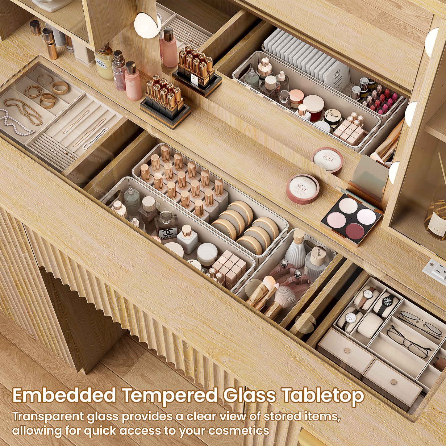 LainTene Makeup Vanity Table with Lights and Mirror, Vanity Desk with 3 Drawers & 2 Large Storage Cabinets and Charging Station for Bedroom