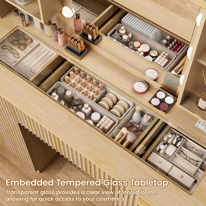 LainTene Makeup Vanity Table with Lights and Mirror, Vanity Desk with 3 Drawers & 2 Large Storage Cabinets and Charging Station for Bedroom