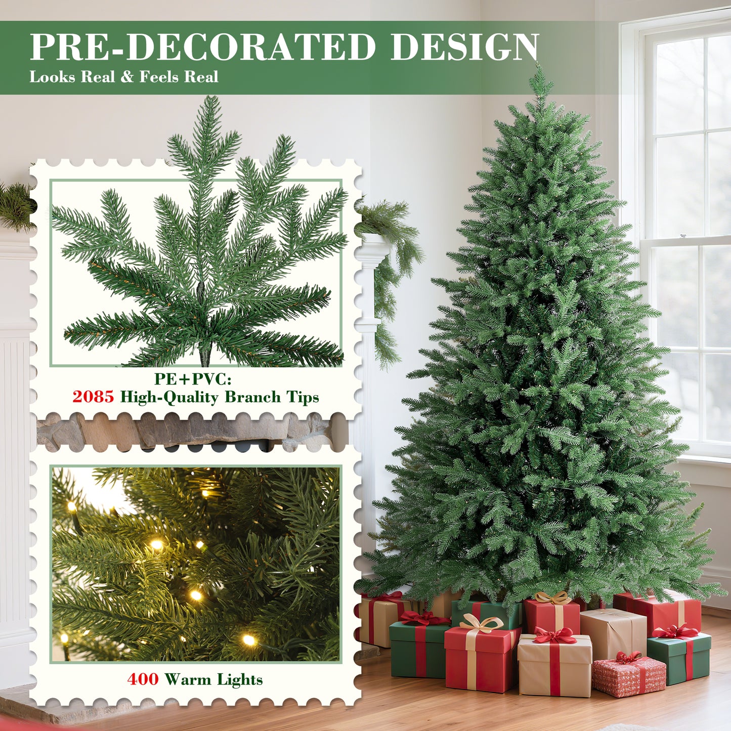 Laintene 6FT Pre-Lit Premium PE+PVC Christmas Tree | 400 Warm White LED Lights, 2085 Realistic Tips, Hinged Design with Storage Bag & Metal Stand