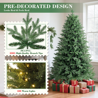 Laintene 6FT Pre-Lit Premium PE+PVC Christmas Tree | 400 Warm White LED Lights, 2085 Realistic Tips, Hinged Design with Storage Bag & Metal Stand