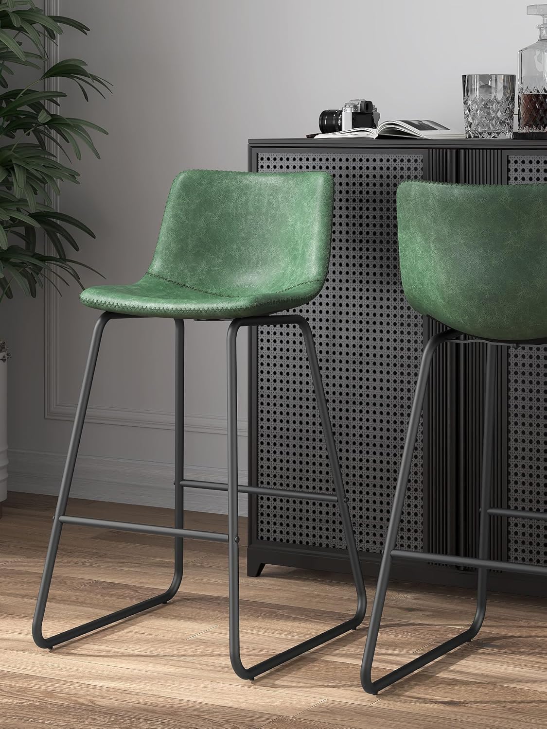 LainTene 26" Bar Stools Set of 3 – Faux Leather Counter Height Stools with Backrest & Footrest, Heavy-Duty Metal Frame for Kitchen, Bar, Living Room, Green