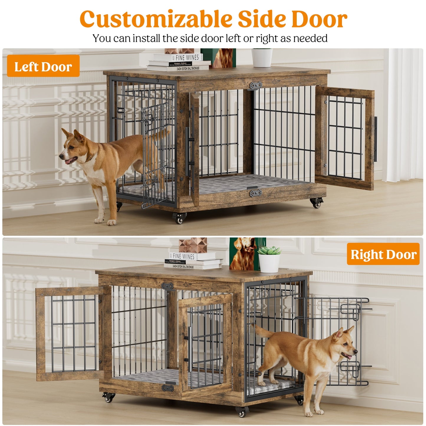 LainTene Dog Crate Furniture, Dog Kennels for Inside with Pads and Wheels, Heavy Duty Pet House for Small Medium Dogs, Browm